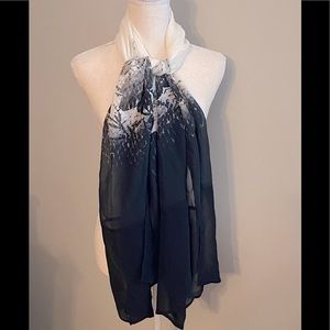 Black and White Sheer Oblong Scarf with Floral and Bird Design